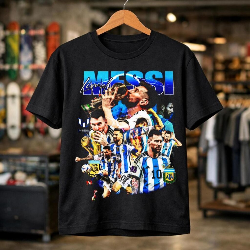 Camiseta Masculina Messi Argentina Algodão Premium 30.1 Penteado Camisa Futebol Copa Idolo Fãs