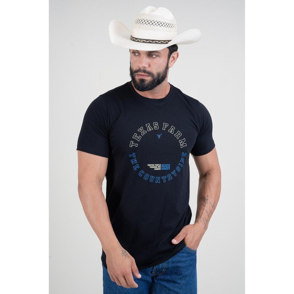 CAMISETA MASCULINA TEXAS FARM - CM632 - PRETO/ BEGE