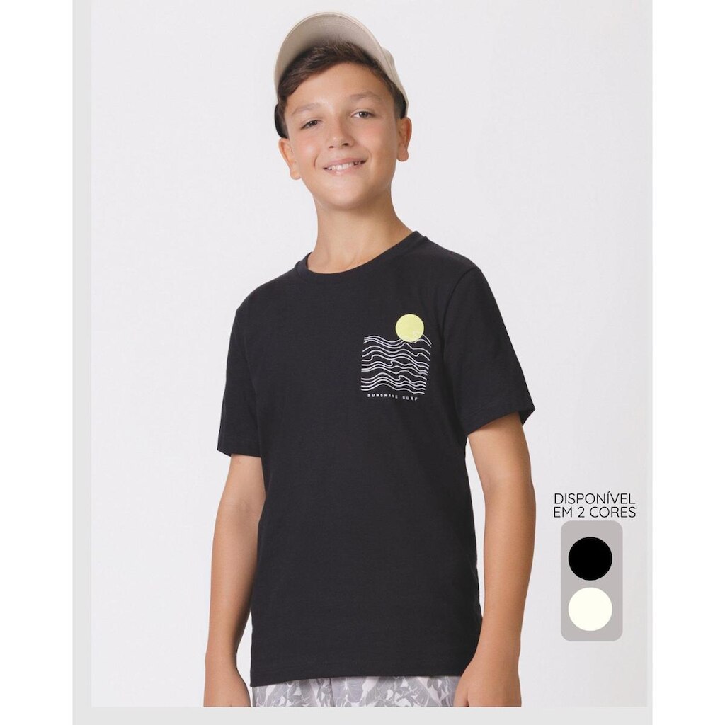 Camiseta meia malha estampada verão leve confortável - Preto e Creme - Masculino 12 a 18 anos