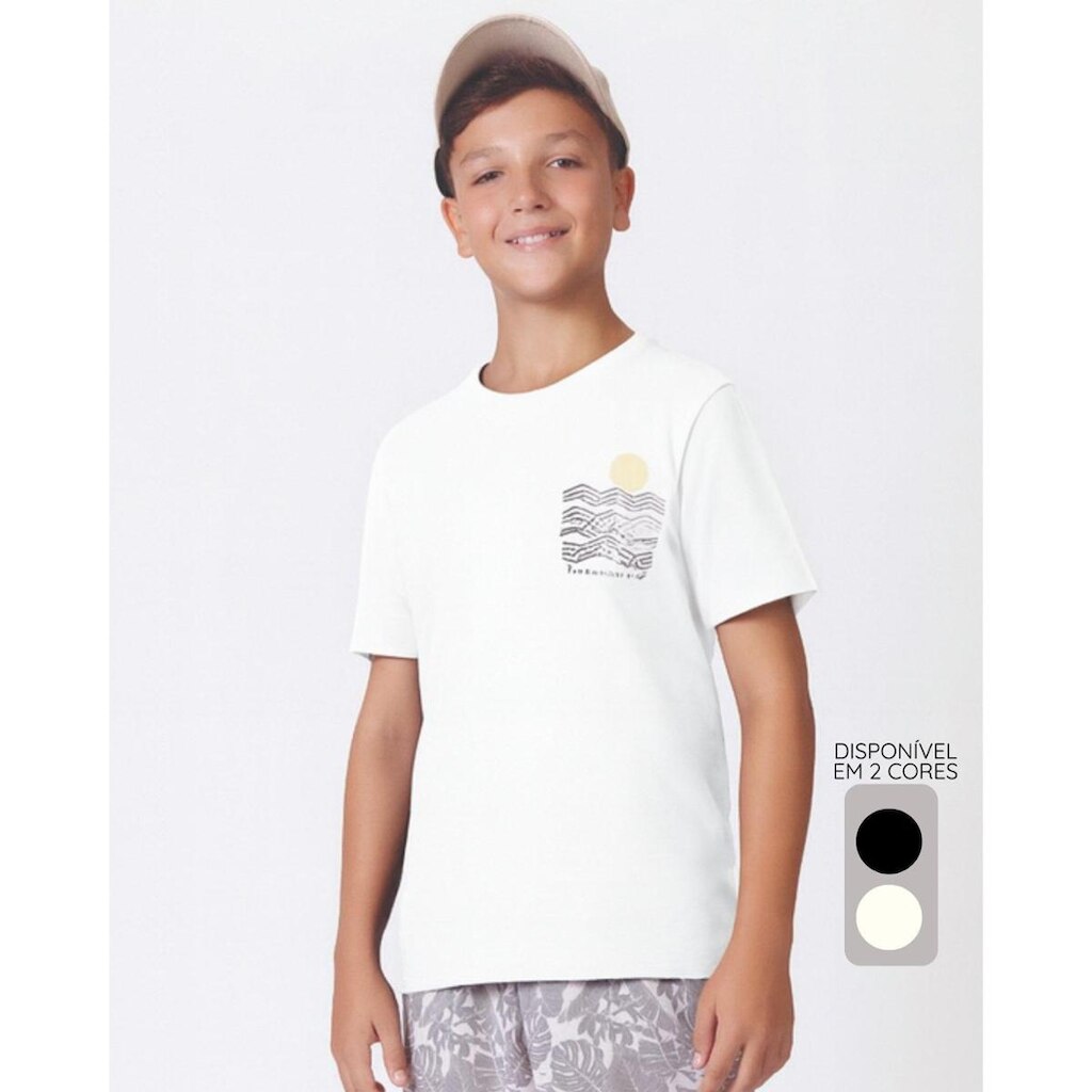 Camiseta meia malha estampada verão leve confortável - Preto e Creme - Masculino 12 a 18 anos