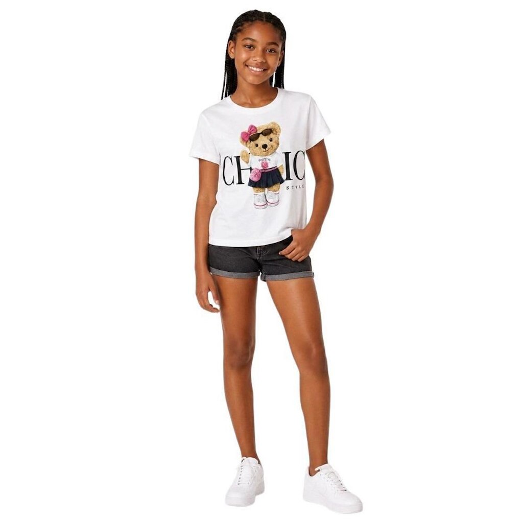 Camiseta Menina Infantil Juvenil Estampa de Ursinho Algodão