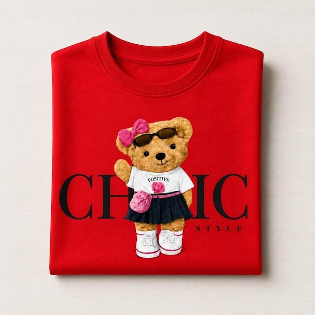 Camiseta Menina Infantil Juvenil Estampa de Ursinho Algodão