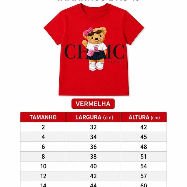 Camiseta Menina Infantil Juvenil Estampa de Ursinho Algodão