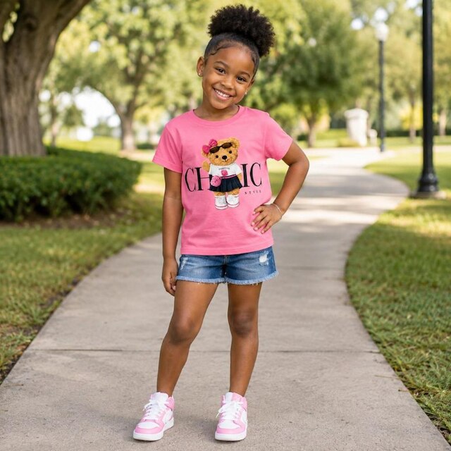 Camiseta Menina Infantil Juvenil Estampa de Ursinho Algodão