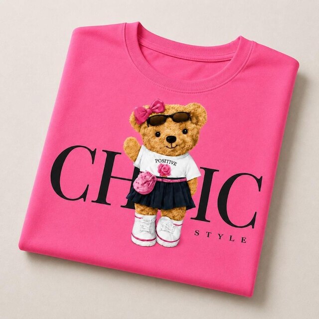 Camiseta Menina Infantil Juvenil Estampa de Ursinho Algodão