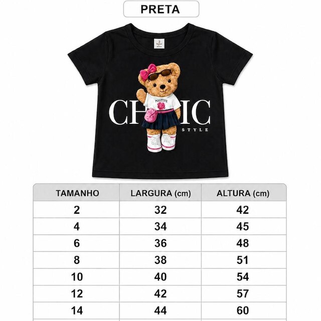 Camiseta Menina Infantil Juvenil Estampa de Ursinho Algodão