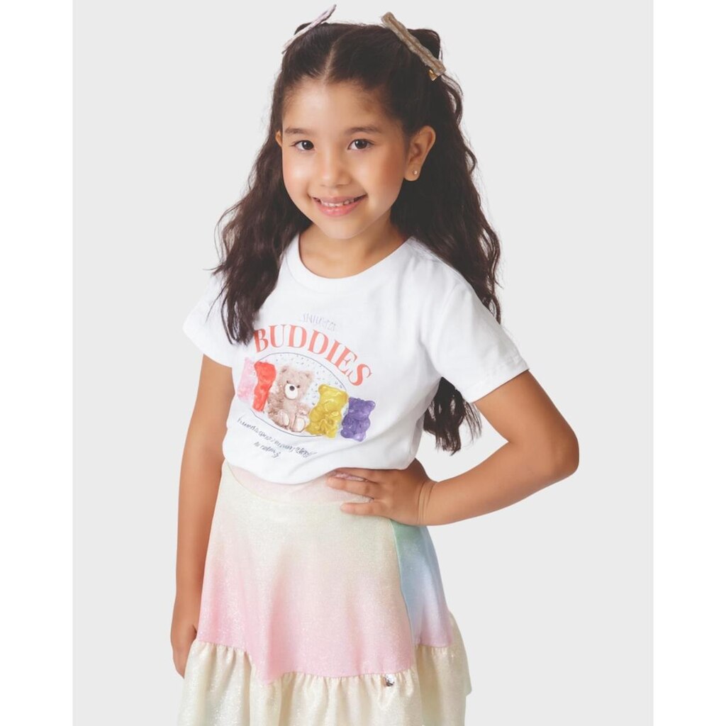 Camiseta menina ursinhos verão brilho fofo confortável - Azul e Branco - Menina 4 a 14 anos