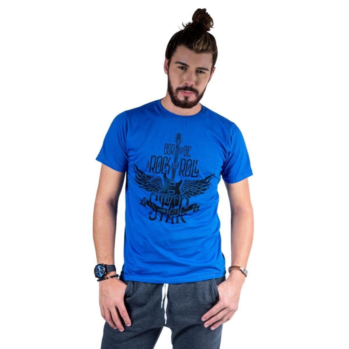 Camiseta Mister Fish Estampado Rock and Roll Masculina - Azul Royal Menor preço em Camiseta Mister Fish Estampado Rock and Roll Masculina - Azul Royal