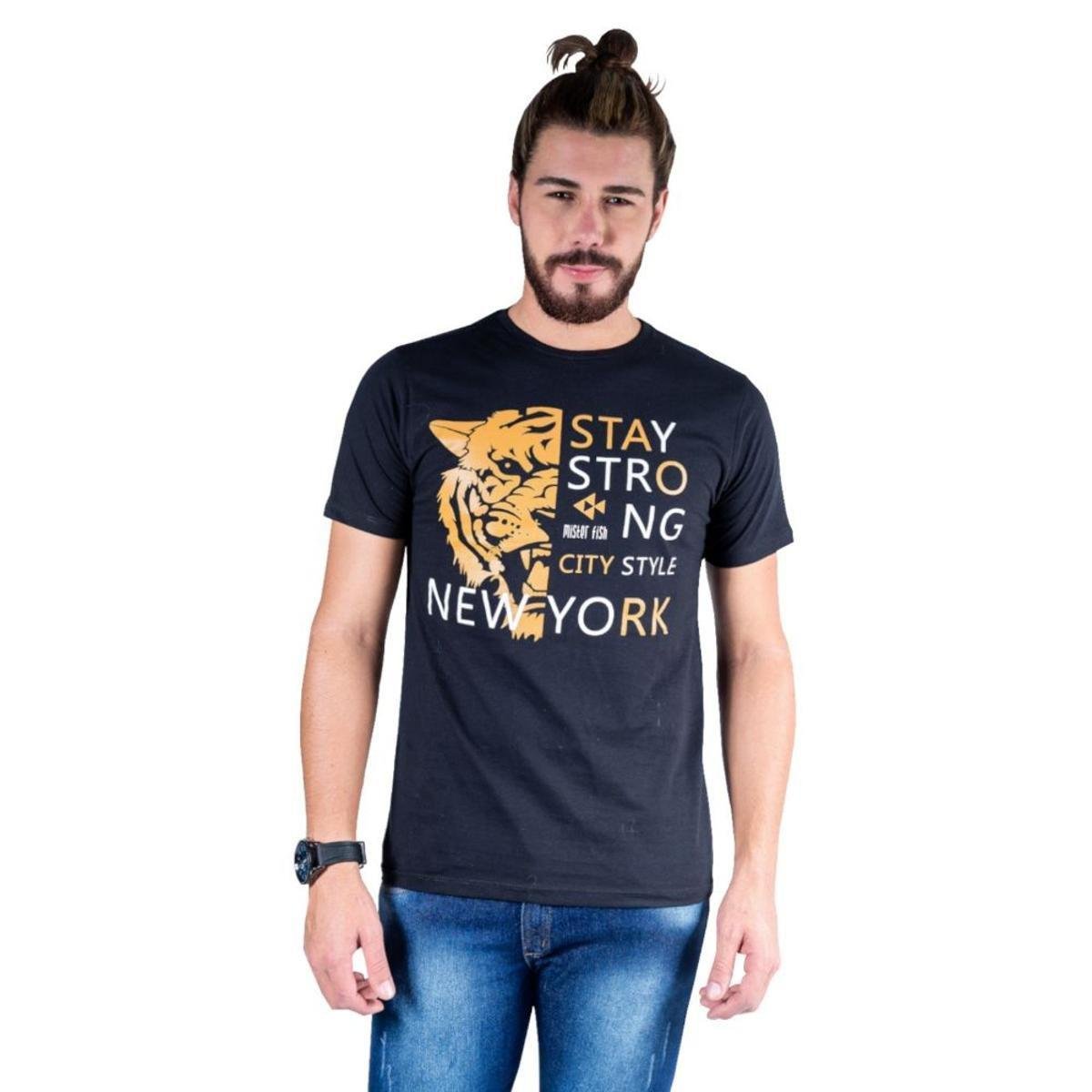 Camiseta Mister Fish Estampado Stay Strong Ney York City Masculina Menor preço em Camiseta Mister Fish Estampado Stay Strong Ney York City Masculina