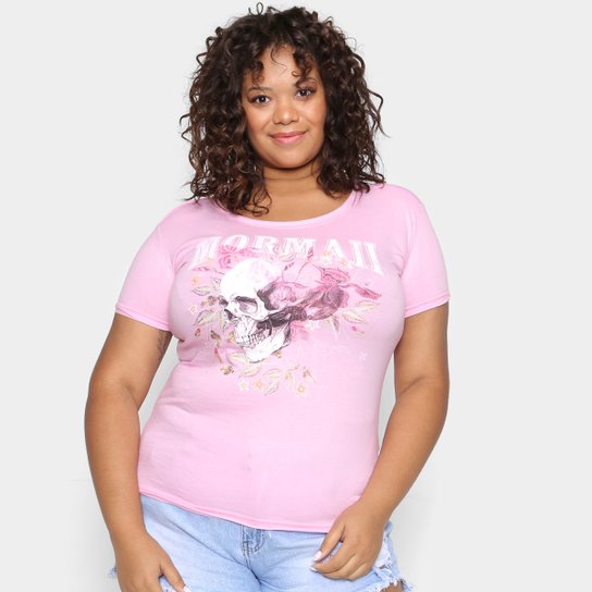 Camiseta Mormaii Skull and Flowers Plus Size Feminina - Rosa Claro