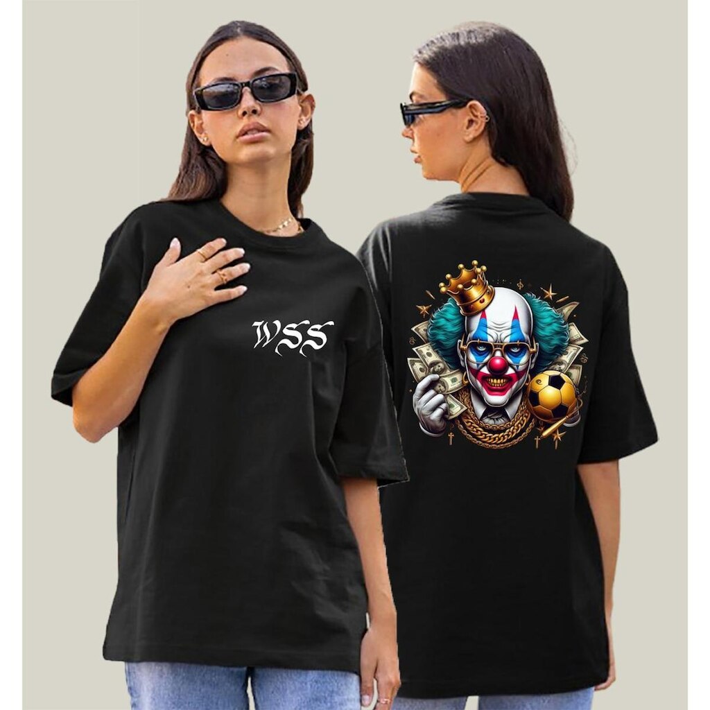 Camiseta Oversized Feminina Preta Algodão Prime WSS Cash Clown