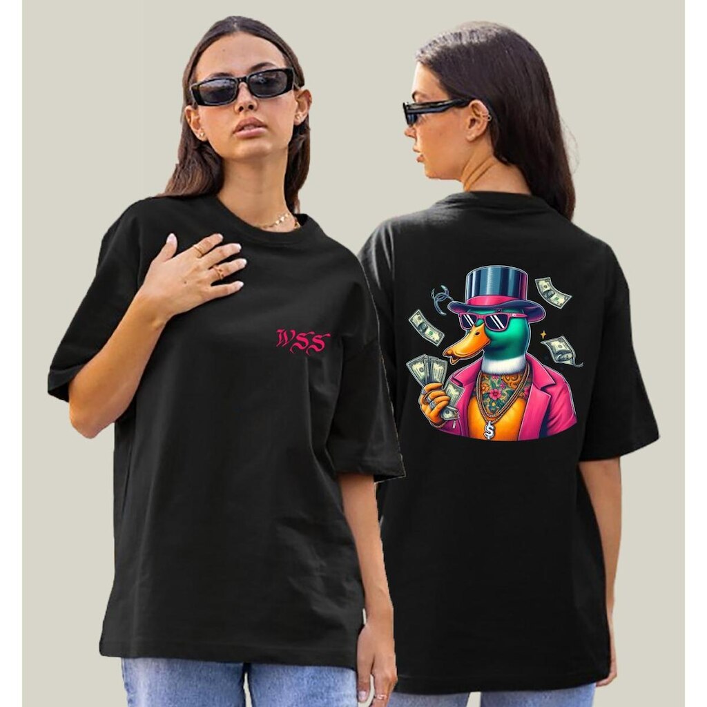 Camiseta Oversized Feminina Preta Algodão Prime WSS Dollar Duck