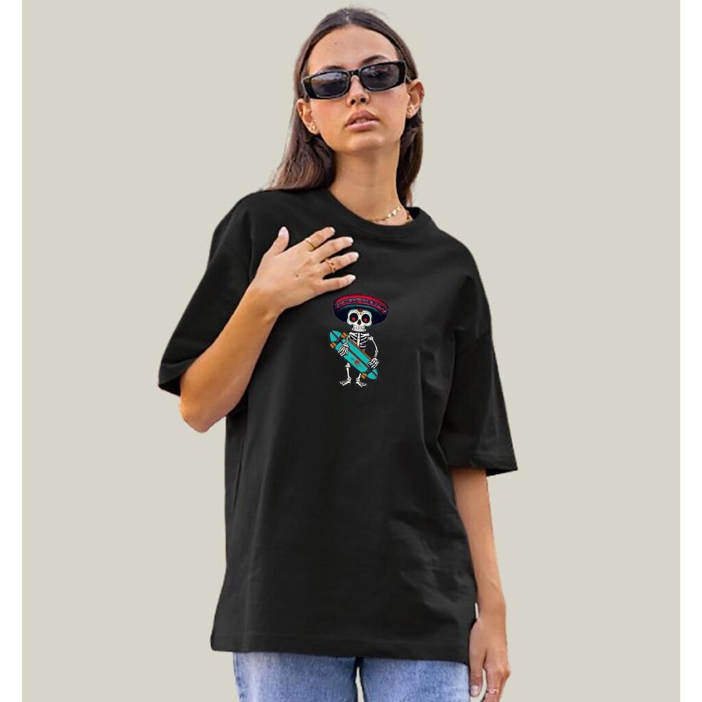 Camiseta Oversized Feminina Preta Algodão Prime WSS Skull Skate