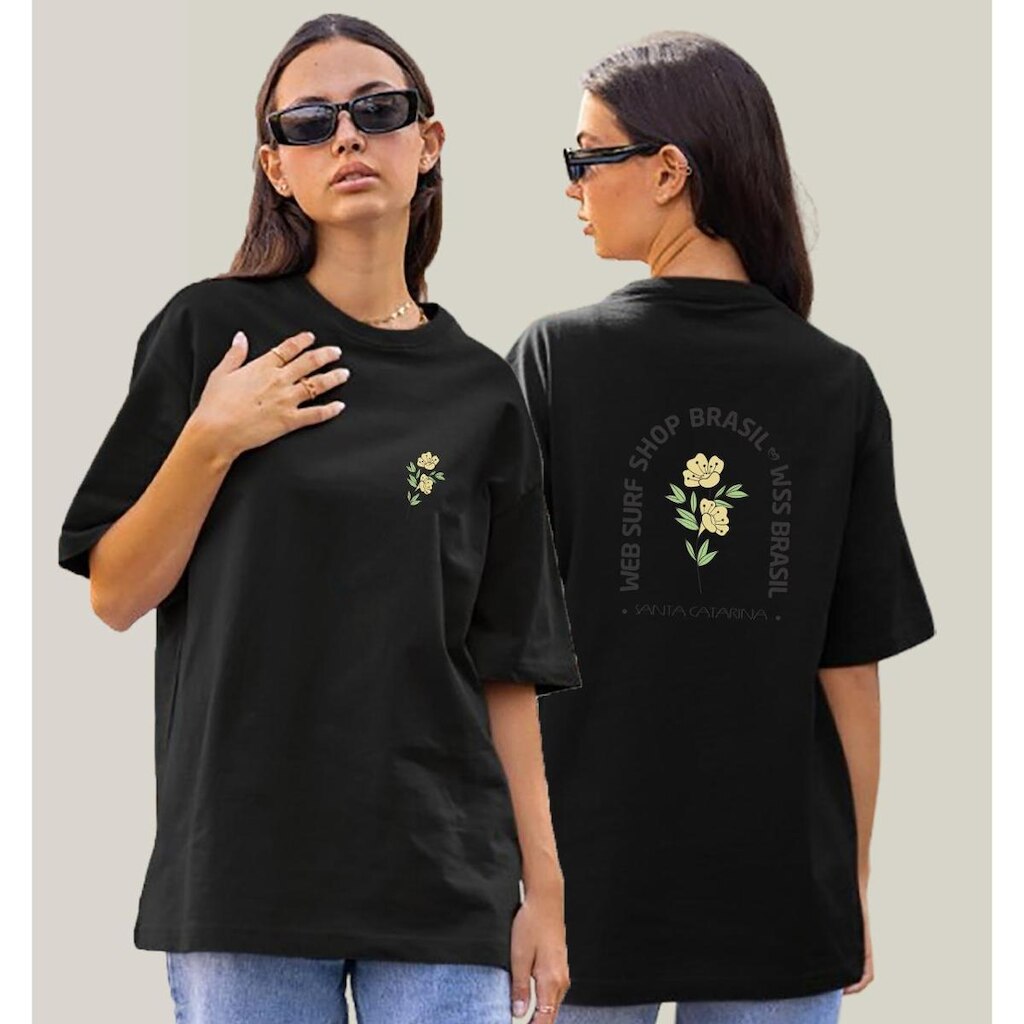 Camiseta Oversized Feminina Preta Algodão Prime WSS Yellow Bloom