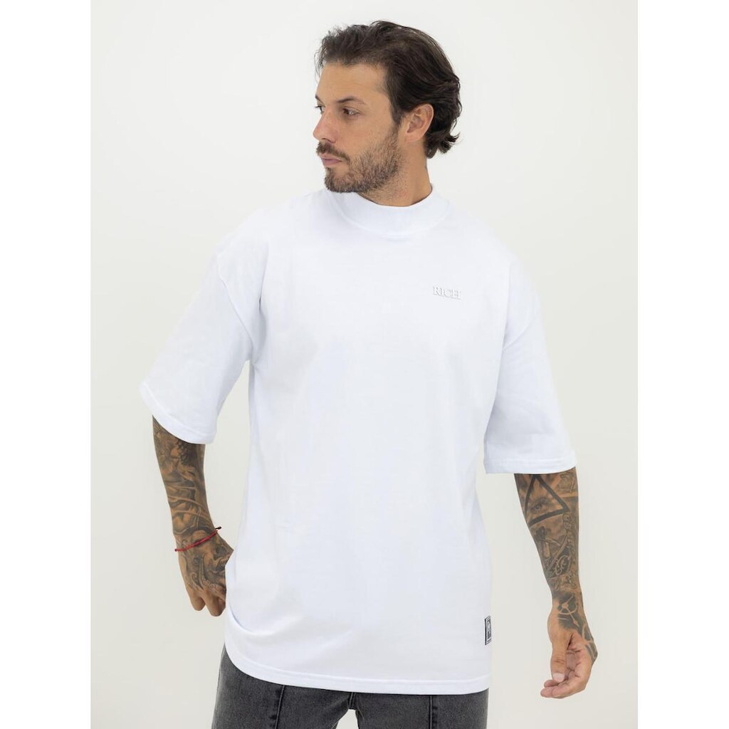 Camiseta Oversized Gola Alta Estampada Básica Alto Relevo no Peito Streetwear Algodão Premium Branco