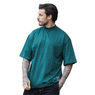 Camiseta Oversized Gola Alta Lisa Basica Streetwear Confortavel Masculina Verde Escuro