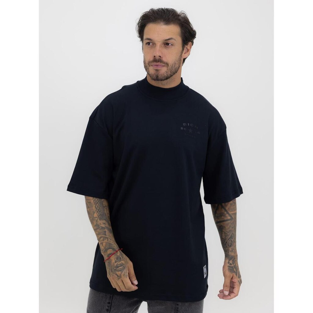Camiseta Oversized Gola Alta Star Black Alto Relevo Streetwear Algodão Premium Preto