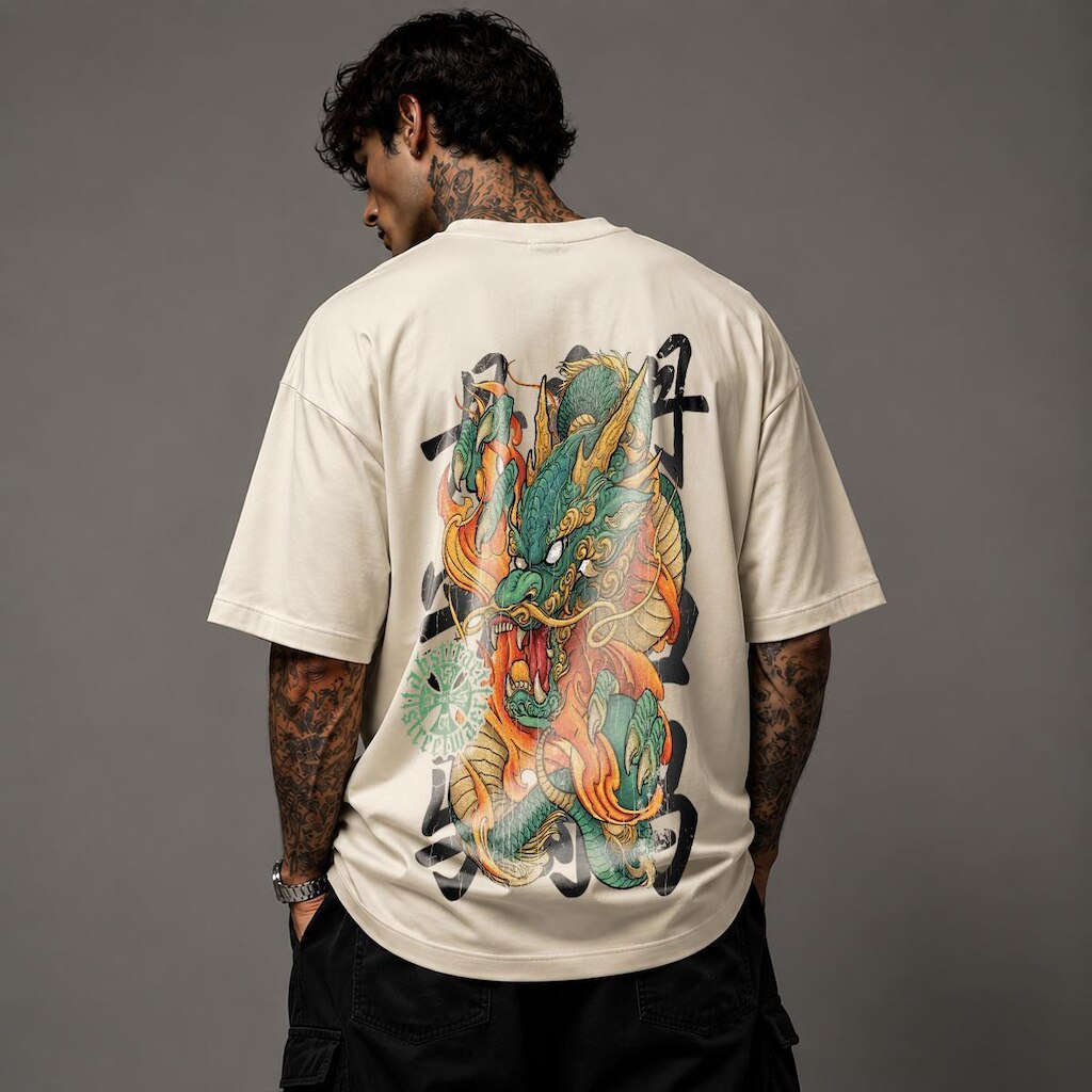 Camiseta Oversized Suedine Streetwear Premium Masculina Dragão Japonês Graphic Tee