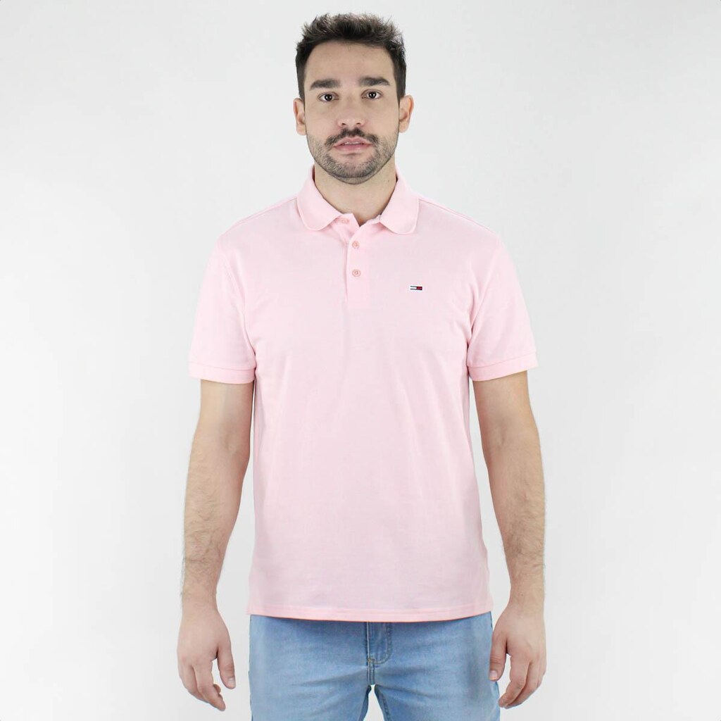Camiseta Polo Tommy Clássica Slim Rosa Claro - Masculino
