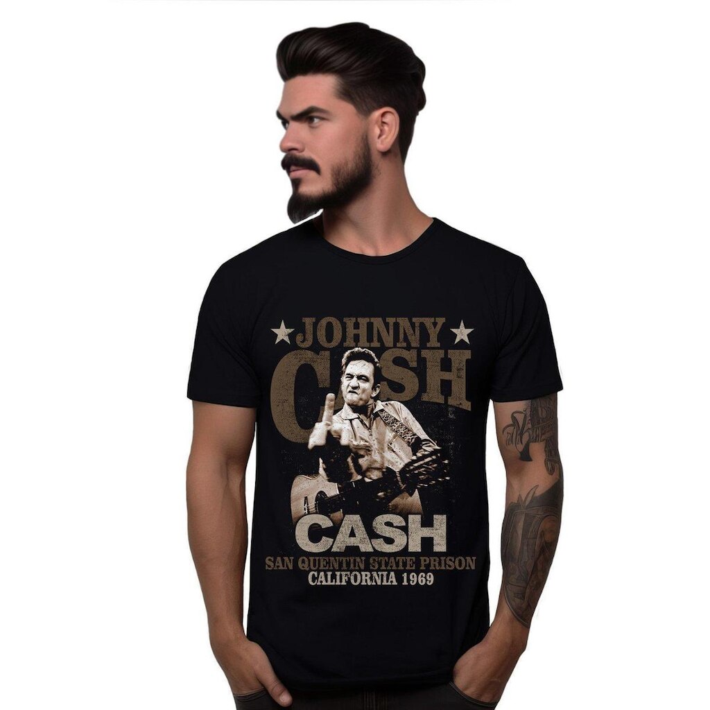 Camiseta Preta Johnny Cash 1969 Bomber Country Rock