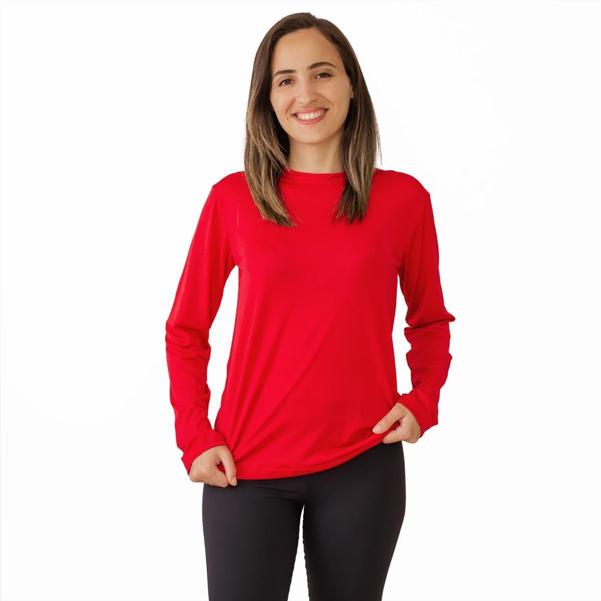 Camiseta Proteção Solar UV 50+ Feminina Manga Longa Camisa Térmica Segunda Pele Praia Piscina Bike - Vermelho Menor preço em Camiseta Proteção Solar UV 50+ Feminina Manga Longa Camisa Térmica Segunda Pele Praia Piscina Bike - Vermelho