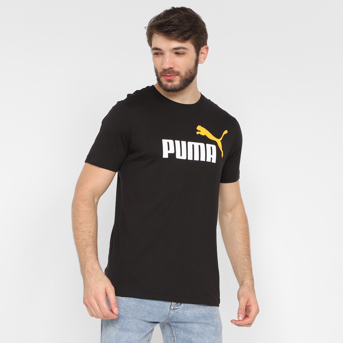 Camiseta Puma Ess+ 2 Logo Masculina - Preto+Laranja Menor preço em Camiseta Puma Ess+ 2 Logo Masculina - Preto+Laranja