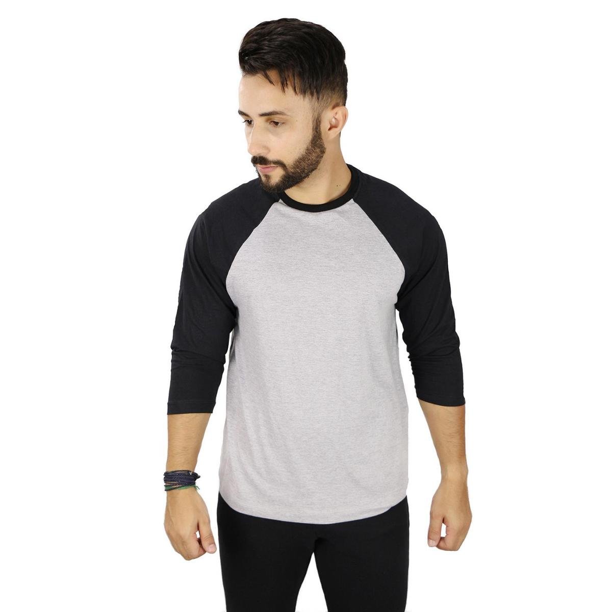 Camiseta Raglan 3/4 Básica Lisa 100% Algodão - Preto+Cinza Menor preço em Camiseta Raglan 3/4 Básica Lisa 100% Algodão - Preto+Cinza