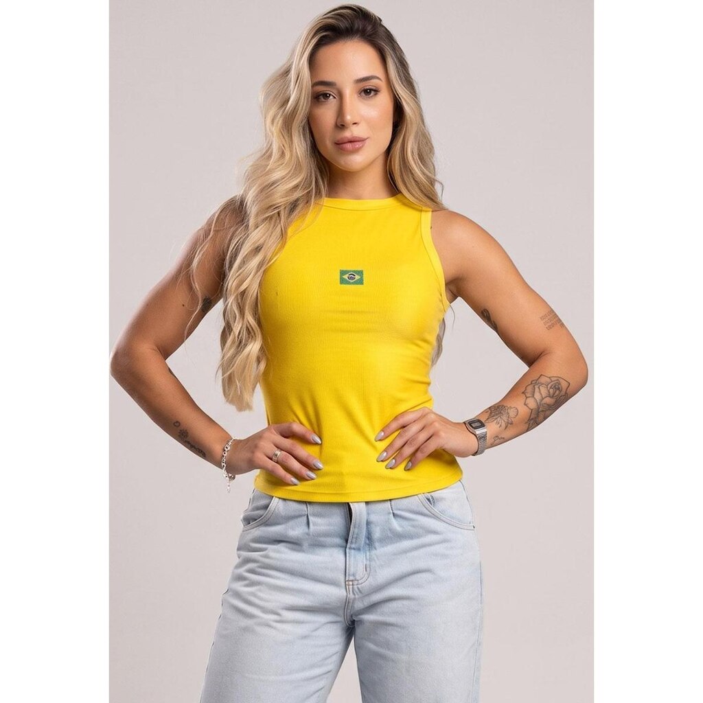 Camiseta Regata Feminina Brasil Copa Poliamida Canelado Bandeira Bordada Premium Mvb Modas