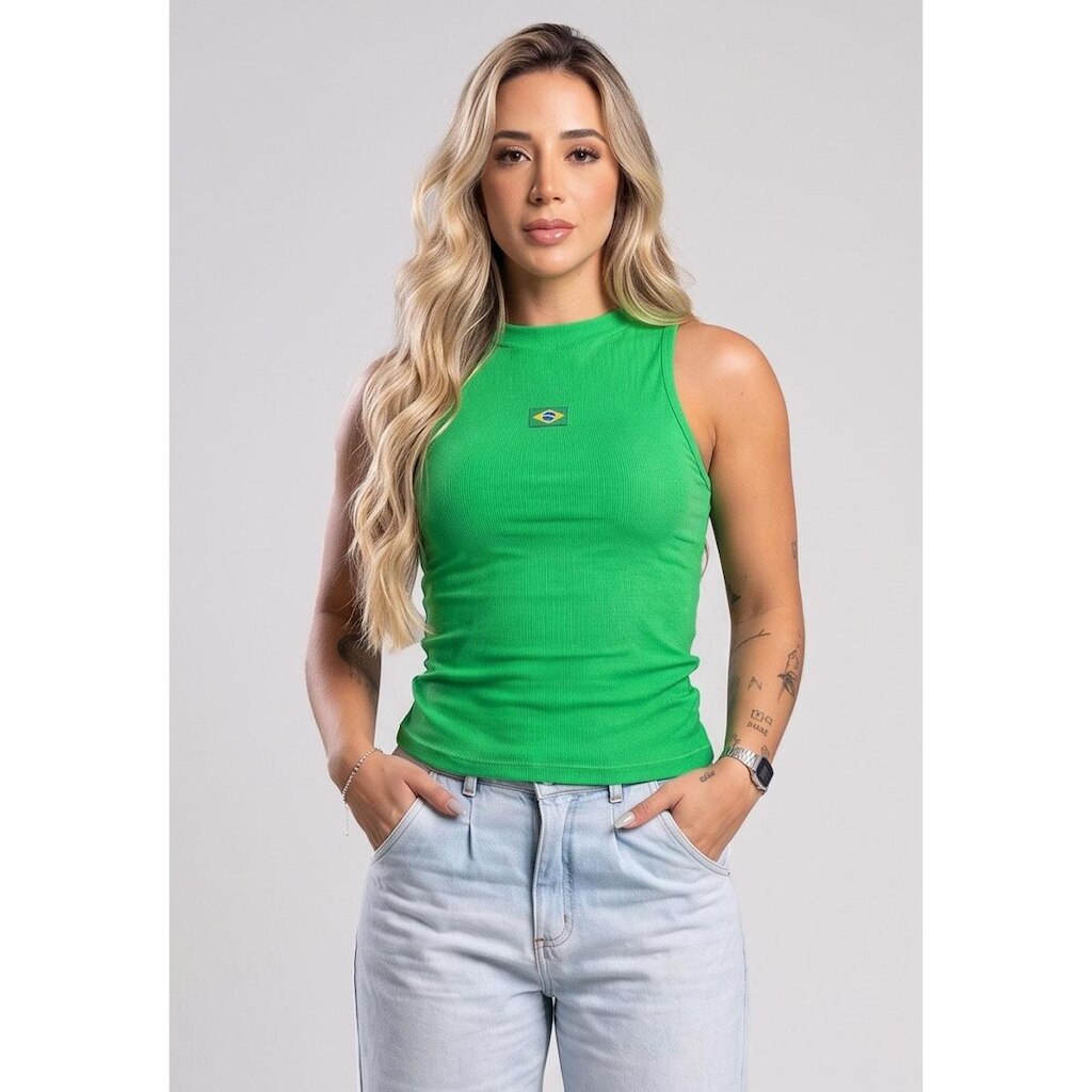 Camiseta Regata Feminina Brasil Copa Poliamida Canelado Bandeira Bordada Premium Mvb Modas
