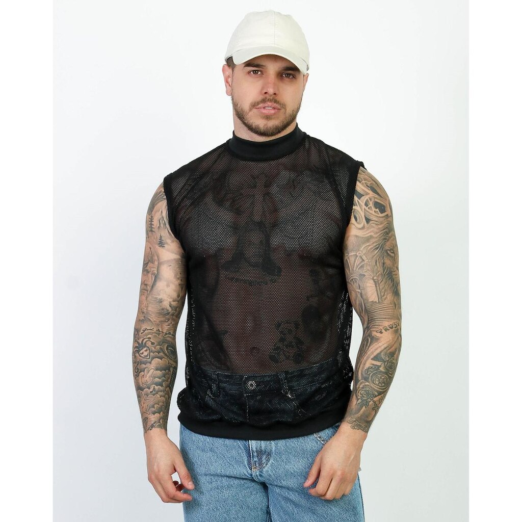 Camiseta Regata Gola Alta Malha Ramada Telinha Textura Slim