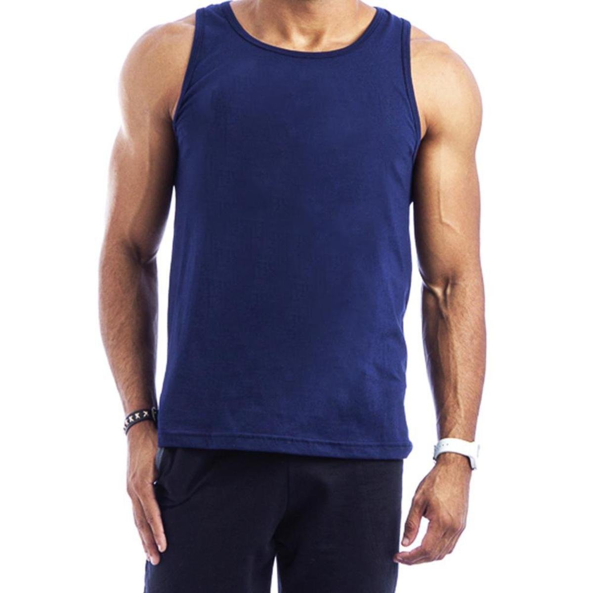 Camiseta Regata Masculina Tradicional Lisa Algodão Básica Gola Careca - Azul Menor preço em Camiseta Regata Masculina Tradicional Lisa Algodão Básica Gola Careca - Azul