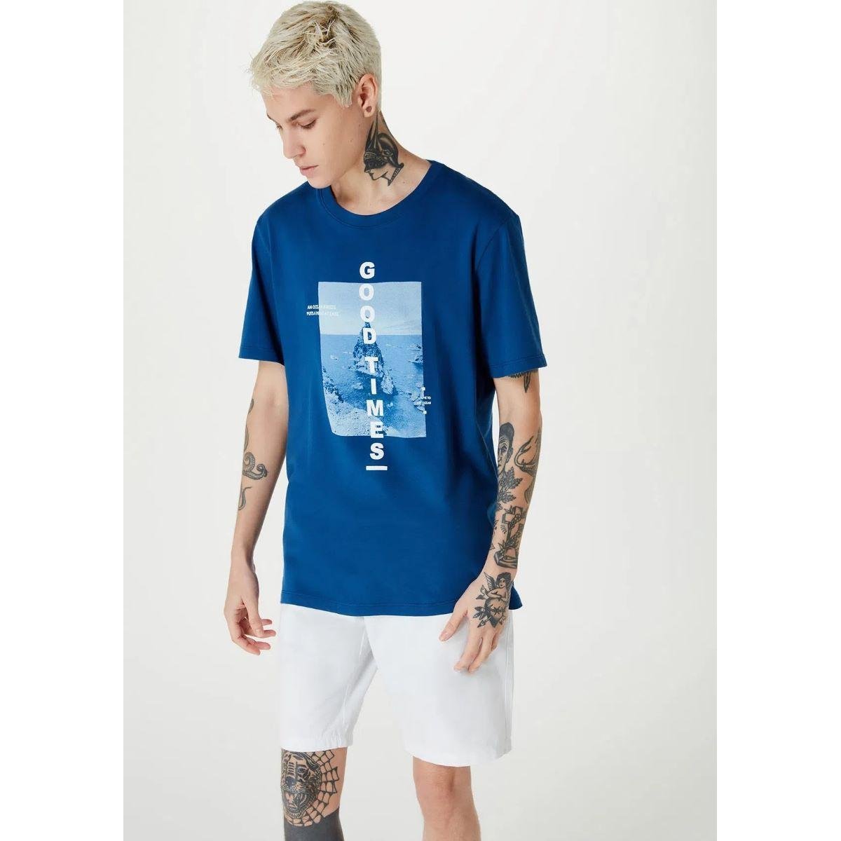 Camiseta Regular Estampada Hering Masculina. - Azul Menor preço em Camiseta Regular Estampada Hering Masculina. - Azul