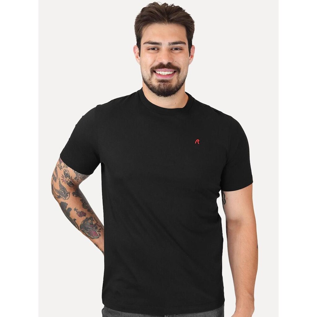 Camiseta Replay Masculina Regular Basic Crewneck Embroidery Logo Preta