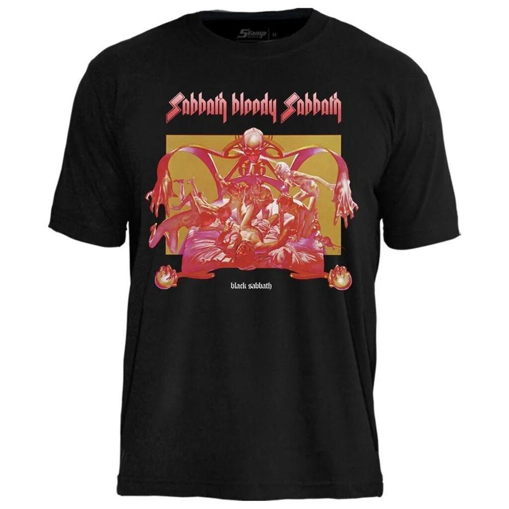 Camiseta Rock Unissex Black Sabbath Stamp em Algodão Gola Redonda