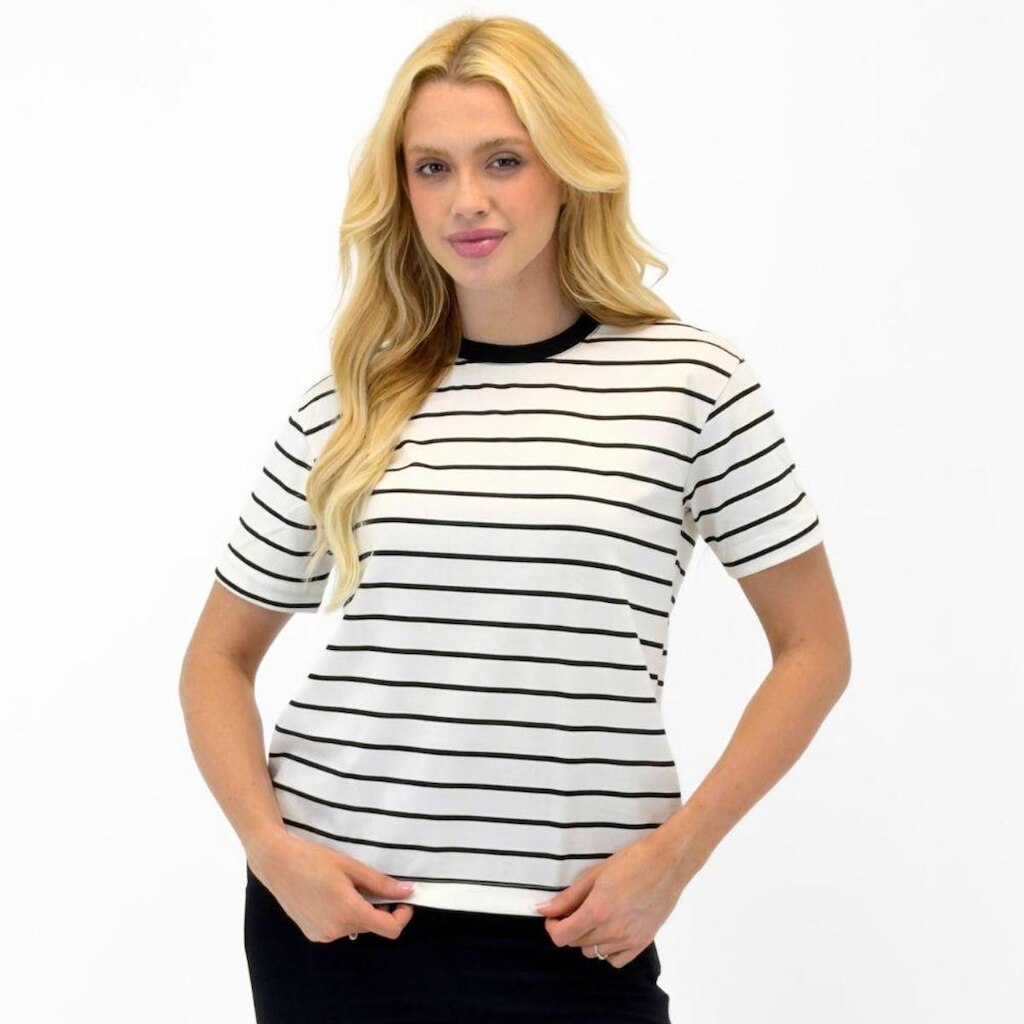 Camiseta Rovitex T-Shirt Listrada Manga Curta Gola Redonda Feminina