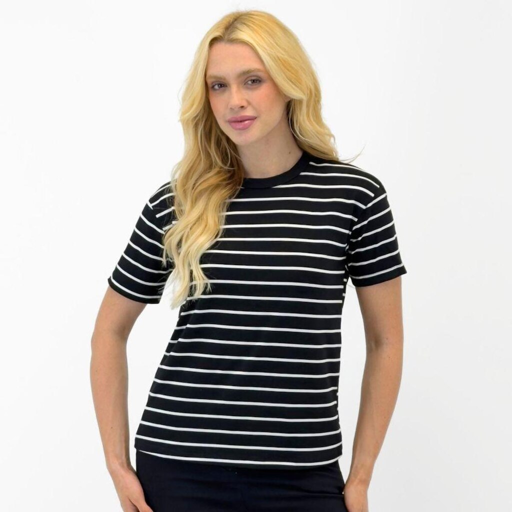 Camiseta Rovitex T-Shirt Listrada Manga Curta Gola Redonda Feminina