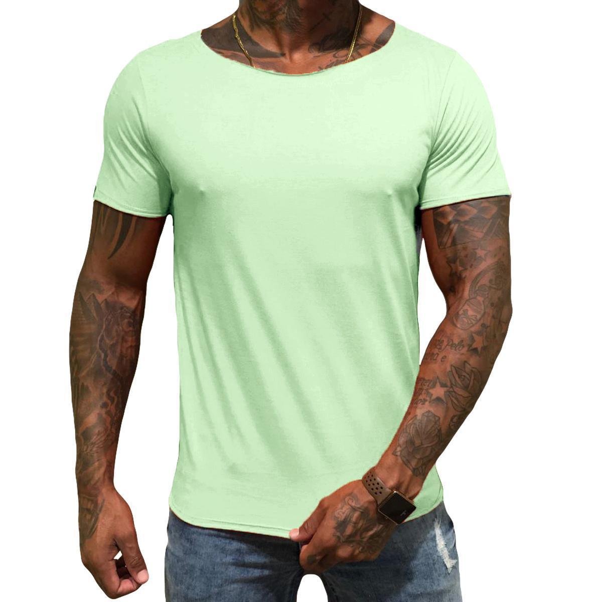 Camiseta Slim Fit Gola Canoa Aberta Masculina - Verde água Menor preço em Camiseta Slim Fit Gola Canoa Aberta Masculina - Verde água