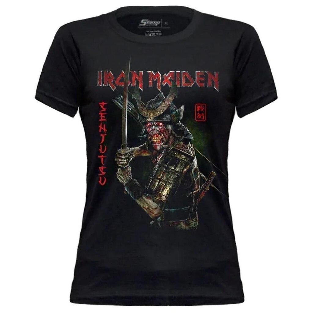 Camiseta Stamp Baby Look de Banda Iron Maiden em Algodão Gola Redonda Oficial
