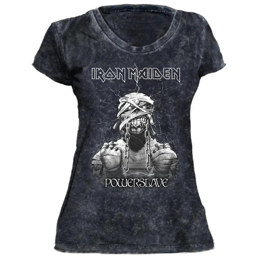 Camiseta Stamp Baby Look de Banda Iron Maiden em Algodão Gola Redonda Oficial