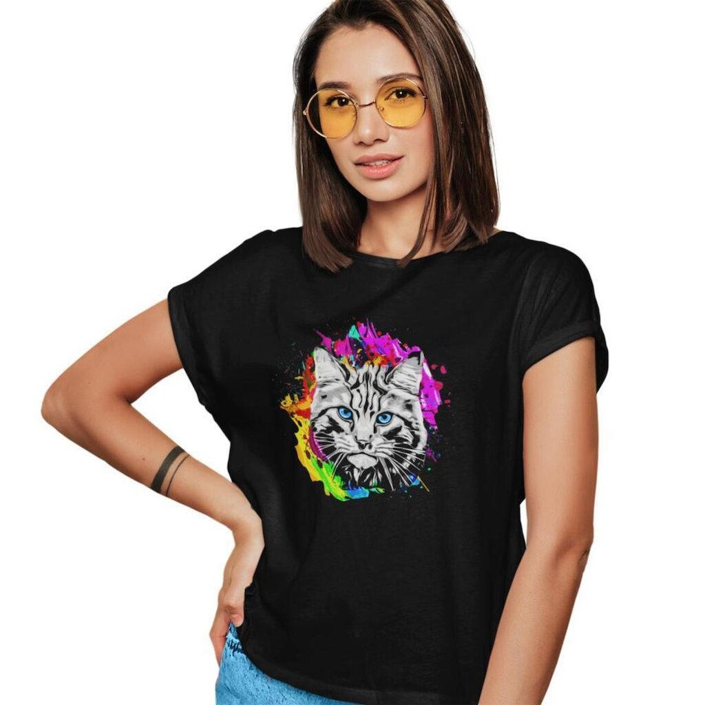 Camiseta T-Shirt Baby Look Feminina Algodão Estampa Cat Aq