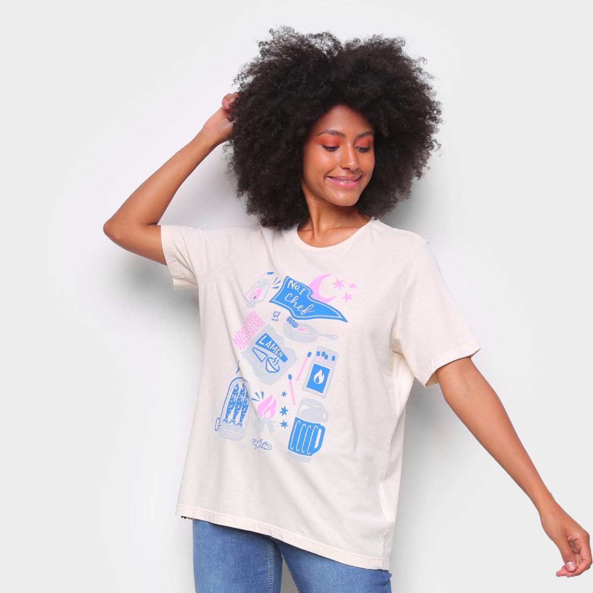 Camiseta T-Shirt Cantão Boyfriend Chef Feminina - Off White Menor preço em Camiseta T-Shirt Cantão Boyfriend Chef Feminina - Off White