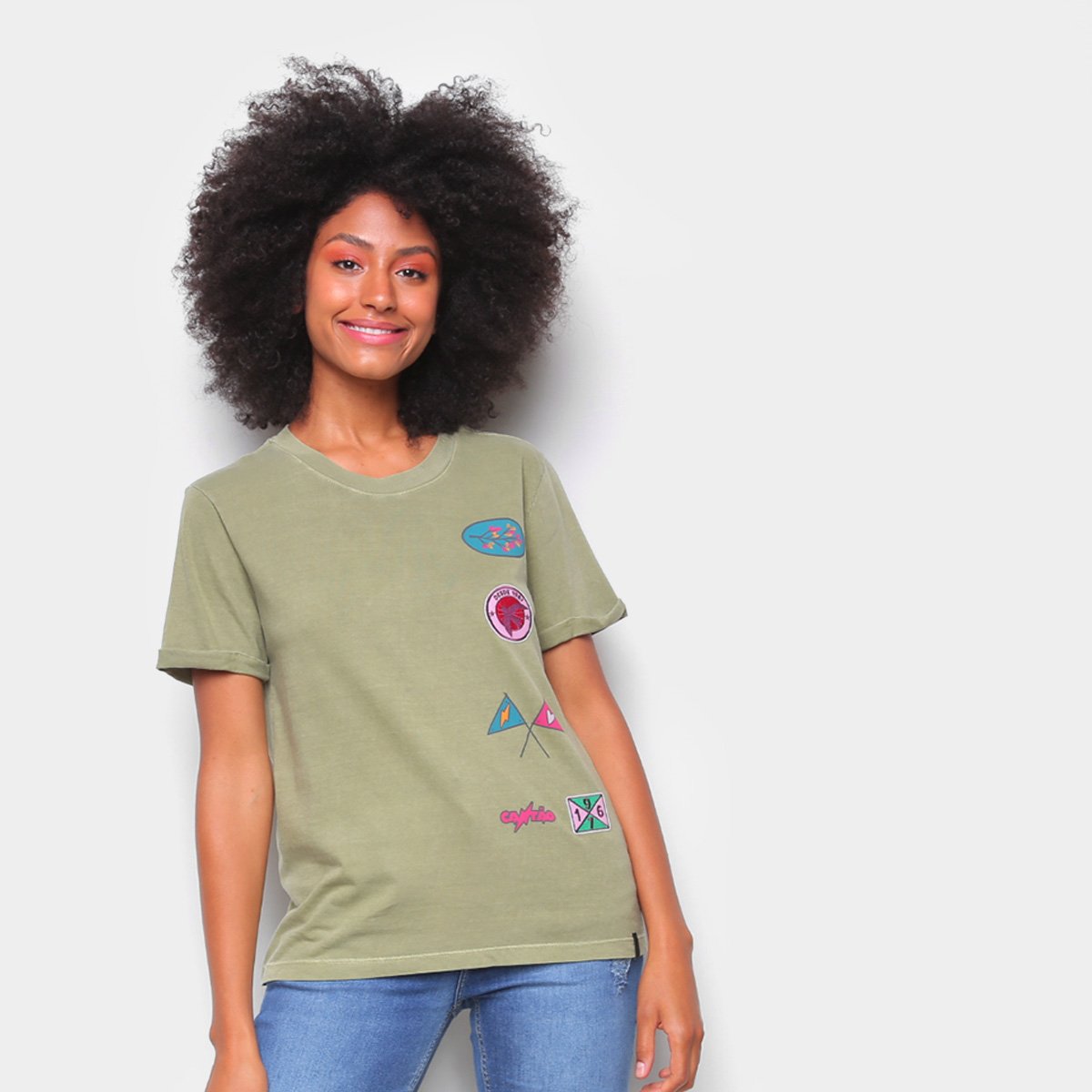 Camiseta T-Shirt Cantão Slim Patches Feminina - Verde escuro Menor preço em Camiseta T-Shirt Cantão Slim Patches Feminina - Verde escuro