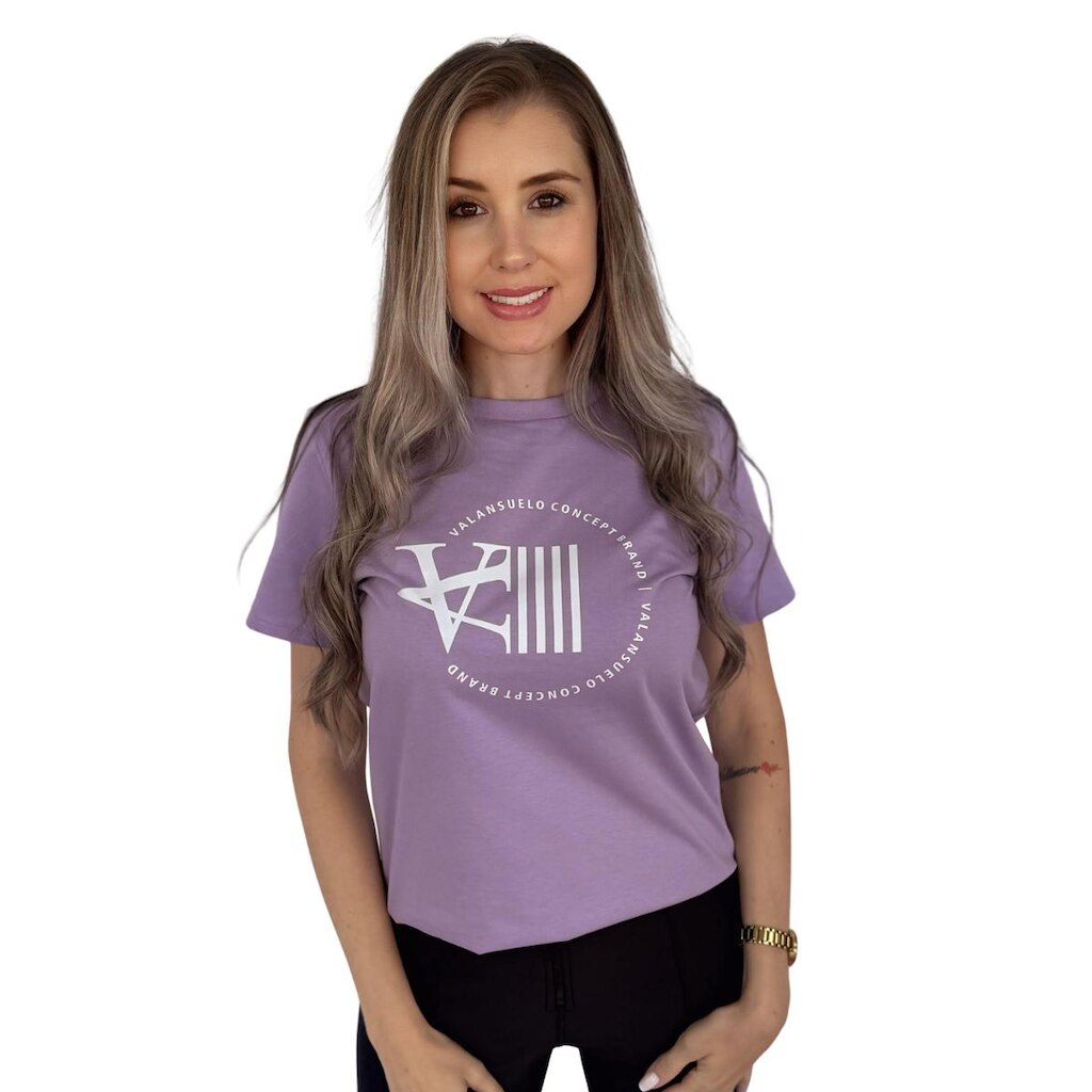 Camiseta T-Shirt Lilás 100% Algodão Estampa Grande Branca Valansuelo