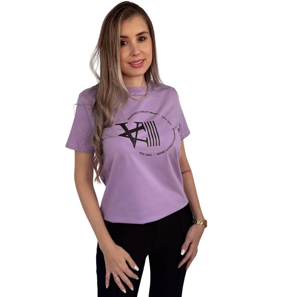 Camiseta T-Shirt Lilás 100% Algodão Estampa Preta Valansuelo