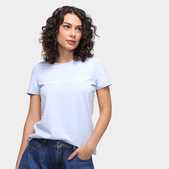 Camiseta Tommy Hilfiger Básica Logo Feminina - Azul Claro