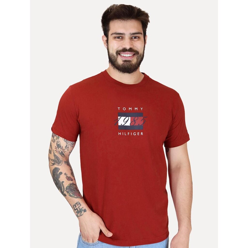 Camiseta Tommy Hilfiger Masculina Linear Flag Graphic Vermelha
