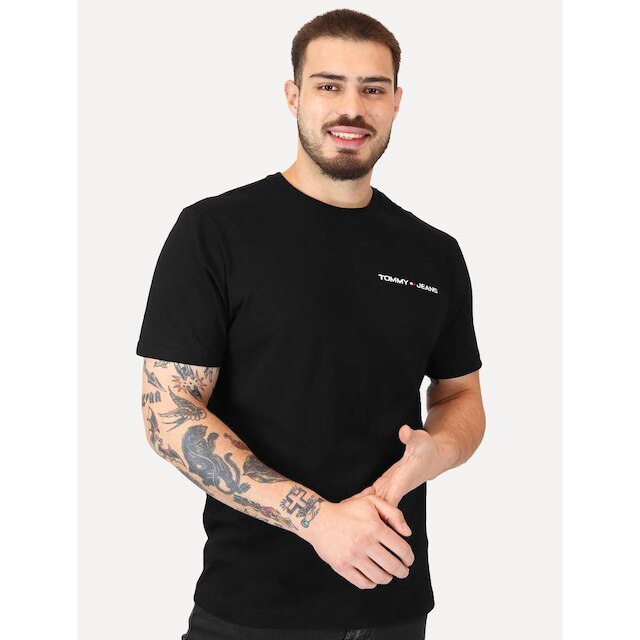 Camiseta Tommy Jeans Masculina Classic Linear Embroidered Chest Preta