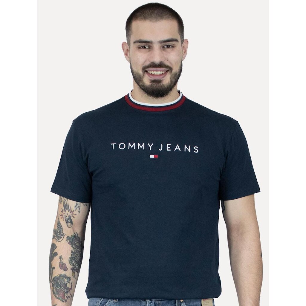 Camiseta Tommy Jeans Masculina Regular Linear Ringer Tee Azul Marinho
