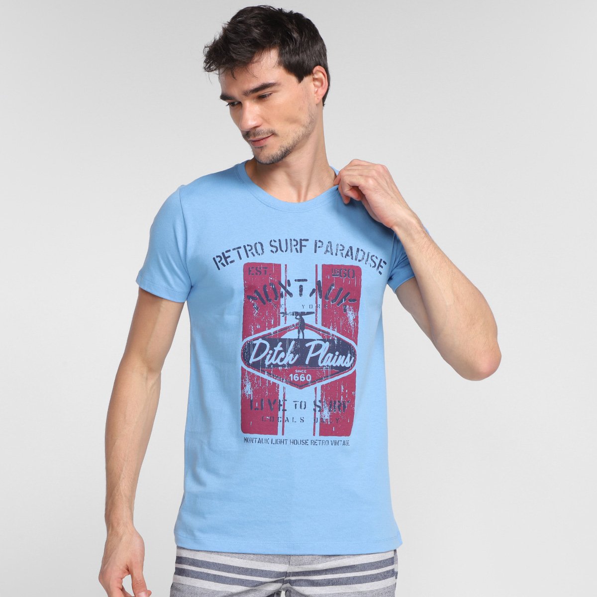 Camiseta Tribo Santa Estampada Masculina - Azul Menor preço em Camiseta Tribo Santa Estampada Masculina - Azul