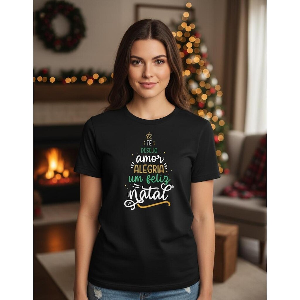 Camiseta Unissex Casual Adulto Infantil Natal Linda Básica em Algodão Malha Premiun